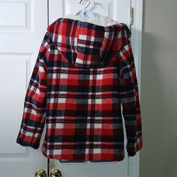 Steve Madden Red Navy Plaid Fleece Faux Fur Sherpa Lined Hooded Coat Sz S NWOT - Picture 5 of 10